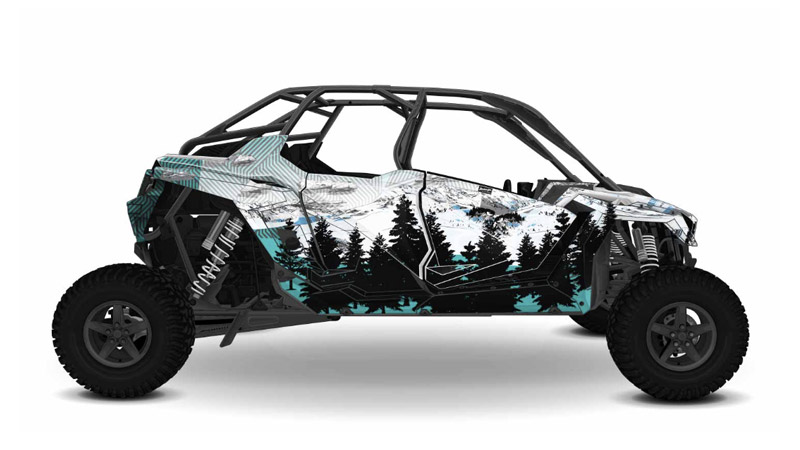 Custom Can-Am UTV wrap featuring a black and white mountain and forest design with teal accents by Deviant Ink.